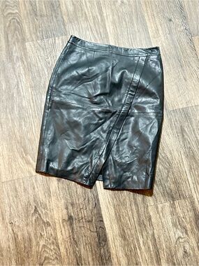 Halogen Black Leather Pencil Skirt with Front Notch